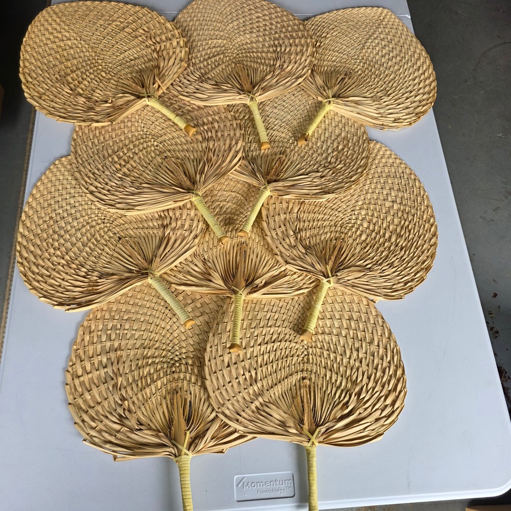 Vintage Hand Woven Palm Leaf Fans Natural Wicker Straw Handheld Lot of 10